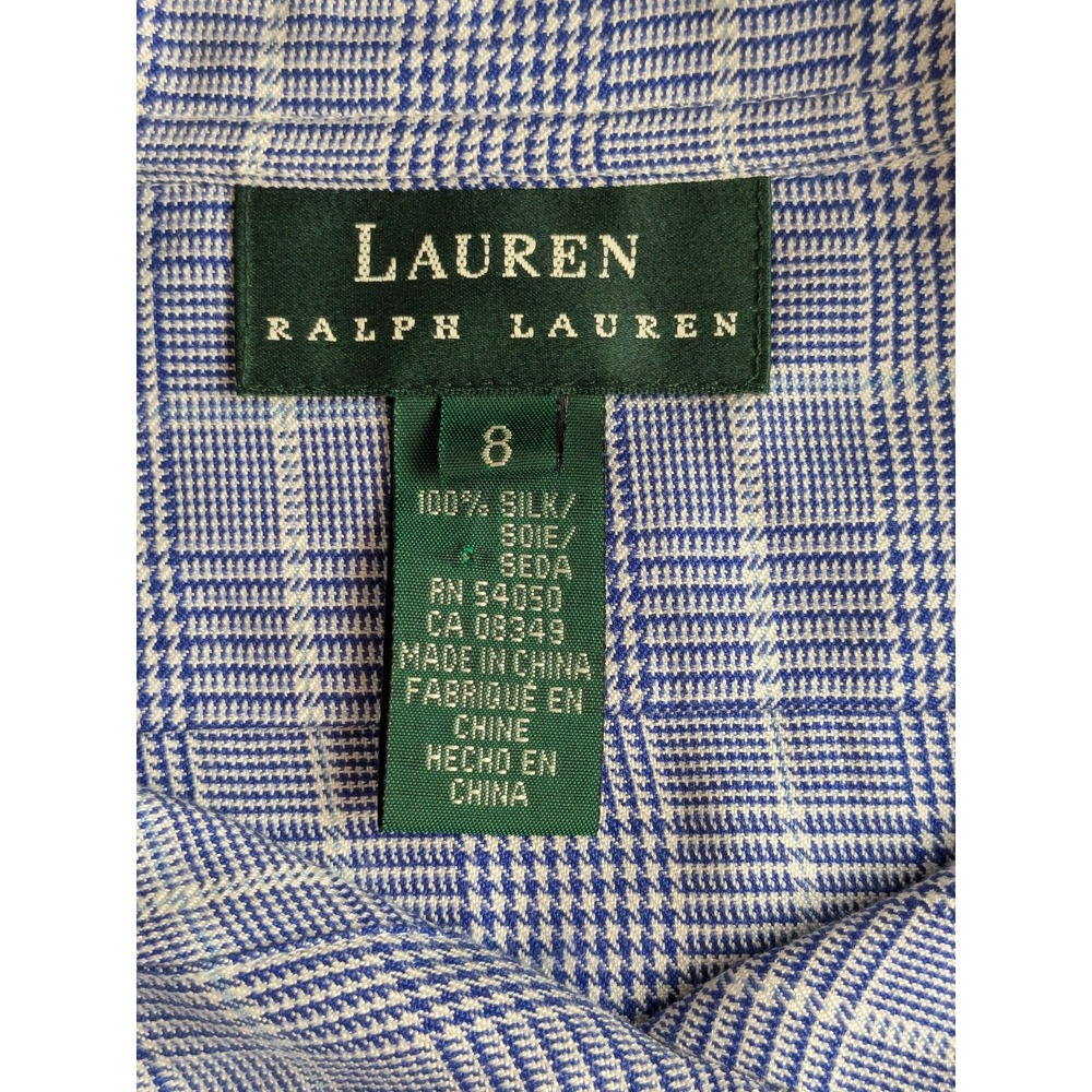 Lauren Ralph Lauren Women's 100% Silk Blue Houndstooth Button Down Blouse Size 8 - Picture 8 of 11